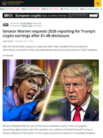 Senator Warren Requests 2026 Reporting for Trump’s Crypto Earnings after $1.4B Disclosure