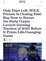 Only Days Left: SOLX Presale Is Closing Fast! Buy Now to Secure the Early Crypto Launch Gaining Traction of 2025 Before It Prints Life-Changing Gains