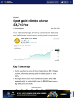 Spot gold climbs above $3,740/oz