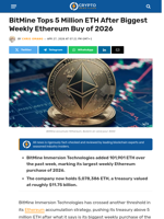 BitMine Tops 5 Million ETH After Biggest Weekly Ethereum Buy of 2026