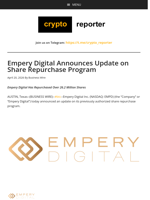 Empery Digital Announces Update on Share Repurchase Program