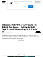 5 Reasons Why Ethereum Could Hit $1,000: Top Trader Highlights DeFi Exploits and Weakening 'Bull Thesis' - U.Today