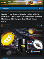 Crypto Price Today: Bitcoin Holds $70.7k, ETH Dips, DOT Slips as US Imposes Hormuz Blockade; OIL Surges, RAVEDAO Soars 130%