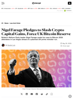 Nigel Farage Pledges to Slash Crypto Capital Gains, Force UK Bitcoin Reserve - Decrypt