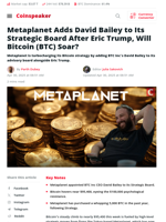 Metaplanet Adds David Bailey to Its Strategic Board
