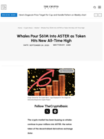 Whales Pour $61M Into ASTER as Token Hits New All-Time High