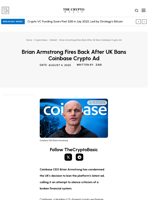 Brian Armstrong Fires Back After UK Bans Coinbase Crypto Ad