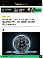 Bitcoin (BTC) Price: Surge to $78K Reversed After Iran Closes Strait of Hormuz Again - CoinCentral