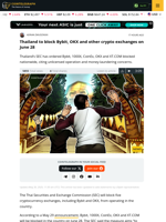 Thai SEC blocks 5 crypto exchanges, including OKX and Bybit