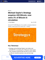 Michael Saylor’s Strategy acquires 430 Bitcoin, now owns 3% of Bitcoin in circulation