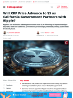 Will XRP Price Advance to $5 as California Government Partners with Ripple? - Coinspeaker