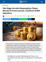 Tok-Edge Unveils Redemption Token Ahead of Fund Launch, Confirms $15M Valuation