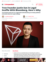 Tron’s Justin Sun Sues Bloomberg