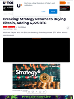 Breaking: Strategy Returns to Buying Bitcoin, Adding 4,225 BTC