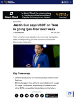 Justin Sun says USDT on Tron is going 'gas-free' next week
