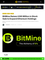 BitMine Raises $365 Million in Stock Sale to Expand Ethereum Holdings - CoinCentral