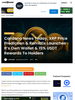 Cardano News Today, XRP Price Prediction & Remittix Launches It's Own Wallet & 15% USDT Rewards To Holders | Live Bitcoin News