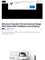 Binance Founder CZ Announces Mega 40% Deal With SoftBank and PayPay - U.Today