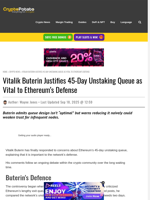 Vitalik Buterin Justifies 45-Day Unstaking Queue as Vital to Ethereum’s Defense