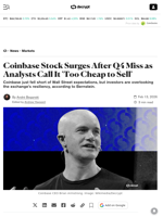 Coinbase Stock Surges After Q4 Miss as Analysts Call It 'Too Cheap to Sell' - Decrypt