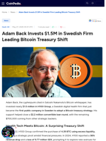 Adam Back Invests $1.5M in Swedish Firm Leading Bitcoin Treasury Shift