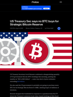 US Treasury Sec says no BTC buys for Strategic Bitcoin Reserve