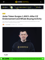 Aster Surges 1,600% After CZ Endorsement and Whale Buying