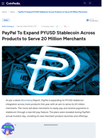PayPal To Expand PYUSD Stablecoin Across Products to Serve 20 Million Merchants
