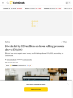 Bitcoin hit by $20 million-an-hour selling pressure above $70,000