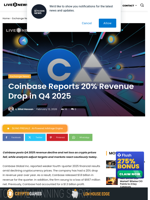 Coinbase Reports 20% Revenue Drop in Q4 2025 | Live Bitcoin News