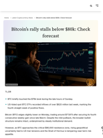 Bitcoin’s rally stalls below $80k: Check forecast