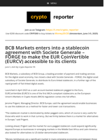 BCB Markets enters into a stablecoin agreement with Societe Generale – FORGE to make the EUR CoinVertible (EURCV) accessible to its clients