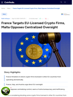France Targets EU-Licensed Crypto Firms, Malta Opposes Centralized Oversight