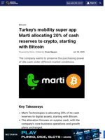 Turkey's mobility super app Marti allocating 20% of cash reserves to crypto, starting with Bitcoin