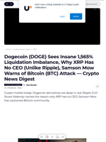 Dogecoin (DOGE) Sees Insane 1,565% Liquidation Imbalance, Why XRP Has No CEO (Unlike Ripple), Samson Mow Warns of Bitcoin (BTC) Attack — Crypto News Digest - U.Today
