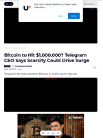 Bitcoin to Hit $1,000,000? Telegram CEO Says Scarcity Could Drive Surge - U.Today