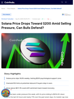 Solana Price Drops Toward $200 Amid Selling Pressure, Can Bulls Defend?