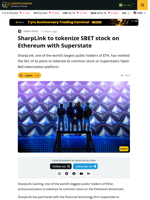 SharpLink To Tokenize SBET Common Stock On Ethereum