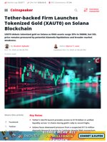 Tether-backed Firm Launches Tokenized Gold (XAUT0) on Solana Blockchain - Coinspeaker