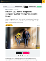 Binance CEO Denies Allegations Company Pushed Trumps’ Stablecoin: Report