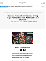 Cardano Founder Says Cardano Eyeing Major Partnerships with WLFI’s USD1 and Chainlink