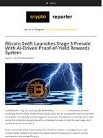 Bitcoin Swift Launches Stage 3 Presale With AI-Driven Proof-of-Yield Rewards System
