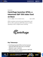 Centrifuge launches SPXA, a tokenized S&P 500 index fund on Base