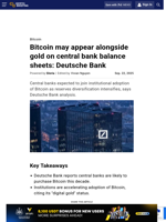 Bitcoin may appear alongside gold on central bank balance sheets: Deutsche Bank