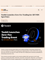 Toobit Launches Zero-Fee Trading for All USDC Spot Pairs - AMBCrypto