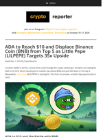ADA to Reach $10 and Displace Binance Coin (BNB) from Top 5 as Little Pepe (LILPEPE) Targets 35x Upside