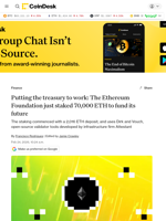 Ethereum Foundation starts 70,000 ETH staking process to fund operations, bolster network