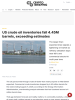 US crude oil inventories fall 4.45M barrels, exceeding estimates