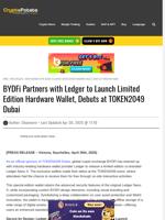 BYDFi Partners with Ledger to Launch Limited Edition Hardware Wallet, Debuts at TOKEN2049 Dubai
