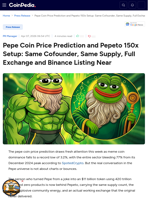 Pepe Coin Price Prediction and Pepeto 150x Setup: Same Cofounder, Same Supply, Full Exchange and Binance Listing Near